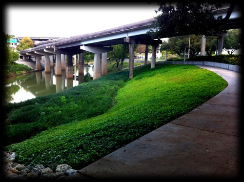 The Buffalo Bayou hiking trail in Houston, TX. A photo of the Buffalo Bayou hiking trail in Houston, TX.